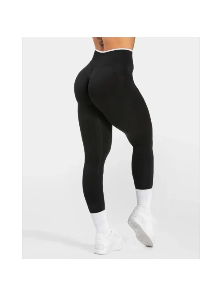 Nahtlose Sport-Leggings für Damen, weißer Rand, Taille, eng, hohe Taille, Hüftheben, Yoga-Hose, Fitnessstudio, Lauftraining, einfarbige Hose