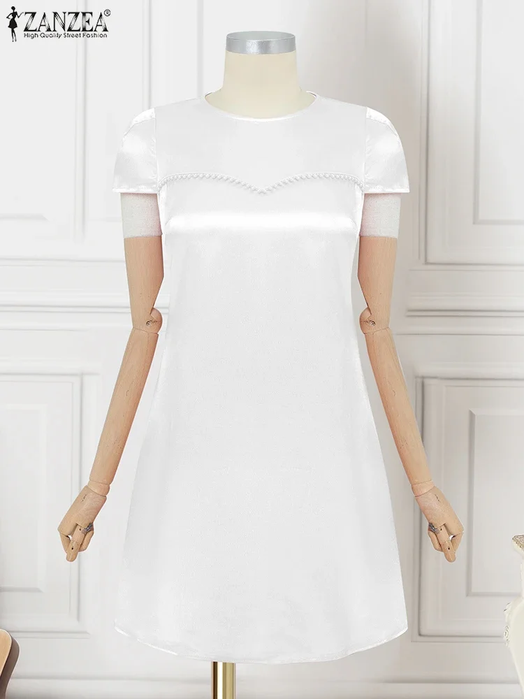 ZANZEA Summer Elegant Satin Mini Dresses Women Party Vestidos 2025 Fashion Silk Short Sleeve Solid Sundress Sexy Club Robe Femme