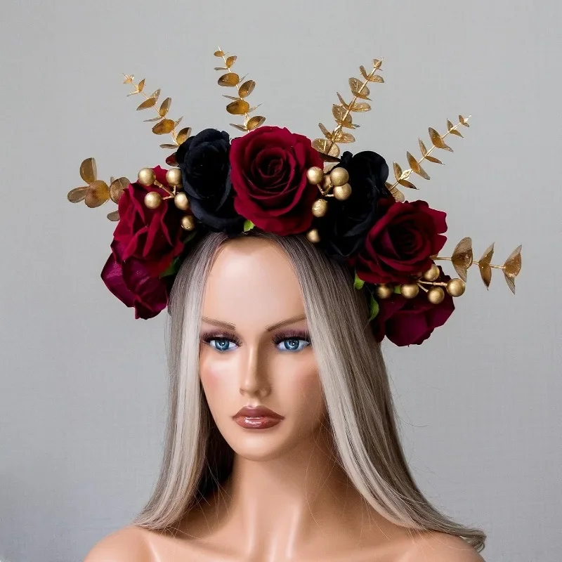 Bordowa opaska z koroną w kształcie róży, kwiatowy wianek do włosów nakrycie głowy na wesele festiwal zdjęcie cosplay dzień zmarłych
