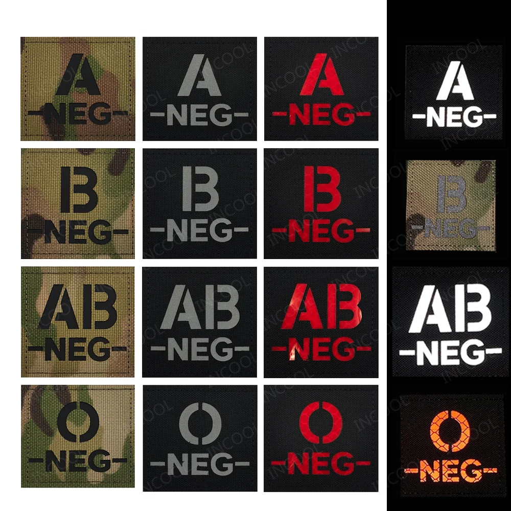 Blood Type A B AB O Positive Negative POS NEG Laser Cut IR Reflective Patches Glow In Dark Patch Armband Square Tactical Badges