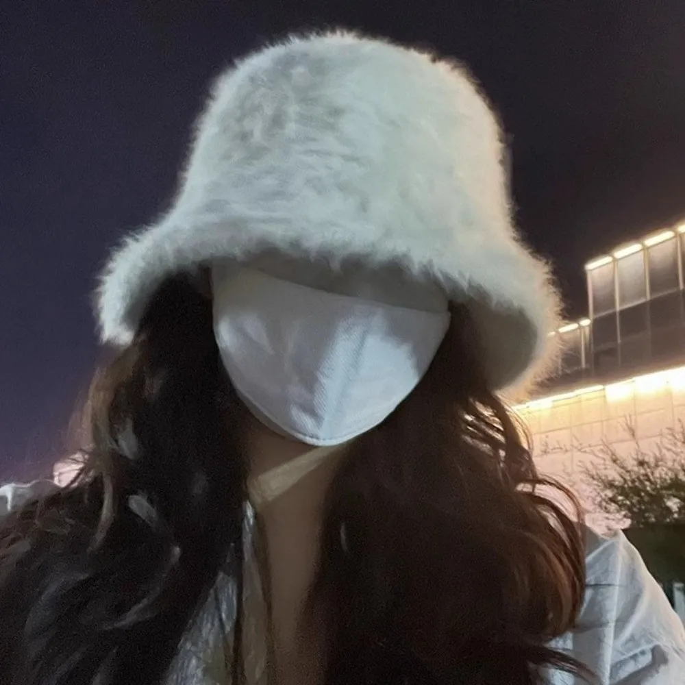 

Soft Knitted Bucket Cap Furry Solid Color Winter Fisherman Hat Versatile Windproof Anti-cold Bucket Hat Travel