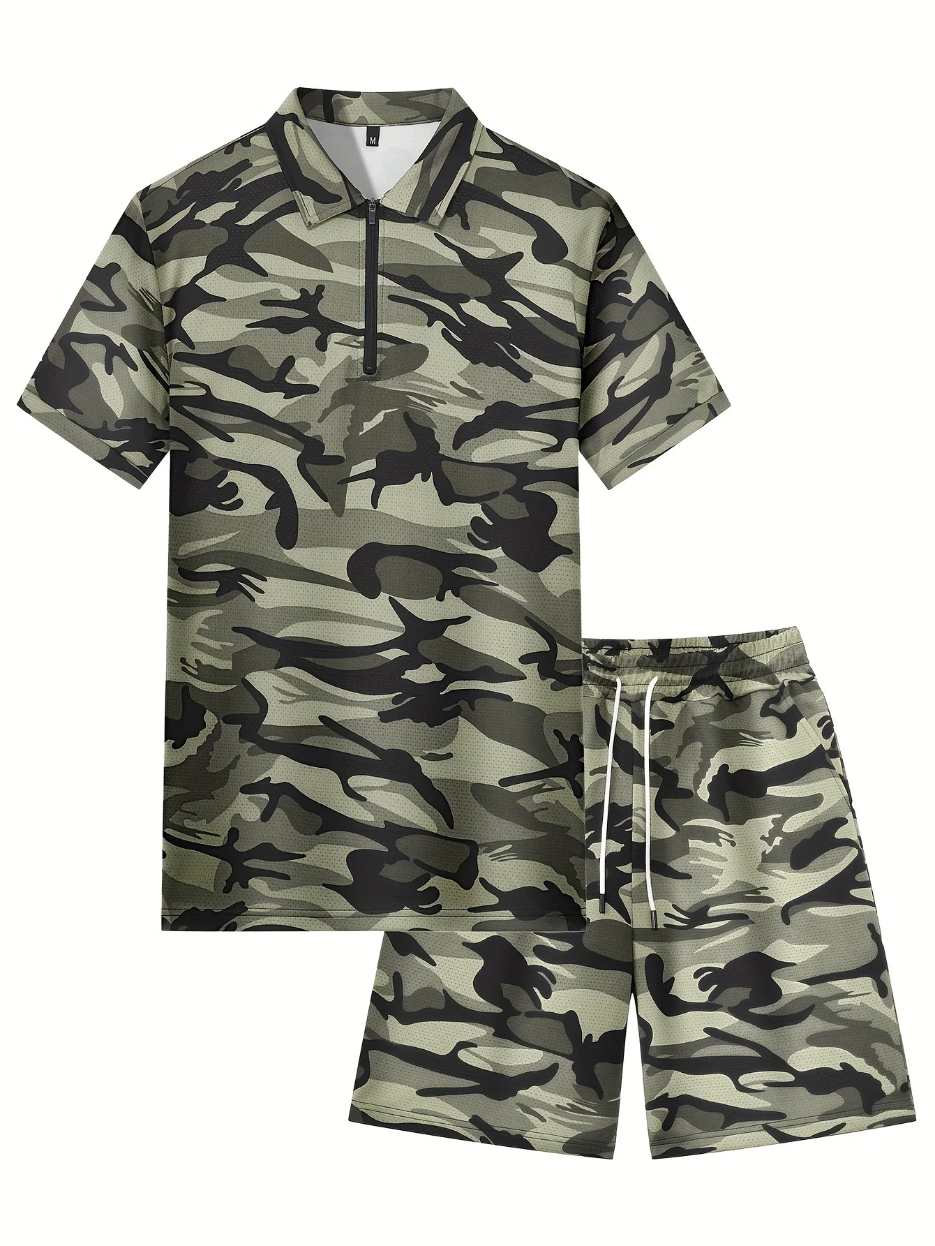 Camouflage 2-piece Men's Summer Outfit Set Quarter Zip Short Sleeve Golf Shirt & Drawstring Shorts With Pockets For Casual Suits