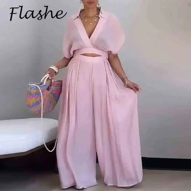 

Summer Women's Set Turn Down Collar Short Sleeve Blouse Top And Wide Leg Pants Suit Women Casual 2 Piece Set