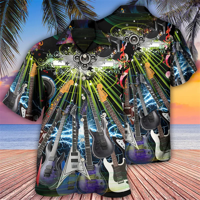 Summer Men 3D Guitar Bass Printed Hawaiian Shirt Vintage Tops Male Casual Stylish Short Sleeve Clothing Fashion Trend Streetwear