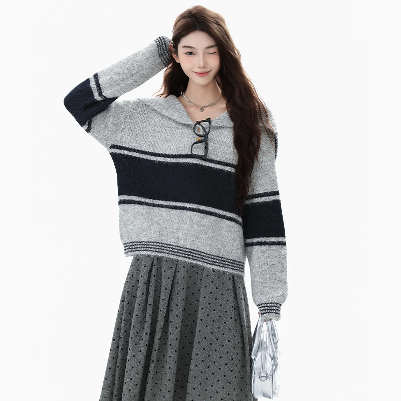 

Long-haired alpaca navy collar striped Korean-style design sweater, niche high-end soft and versatile casual women's autumn and