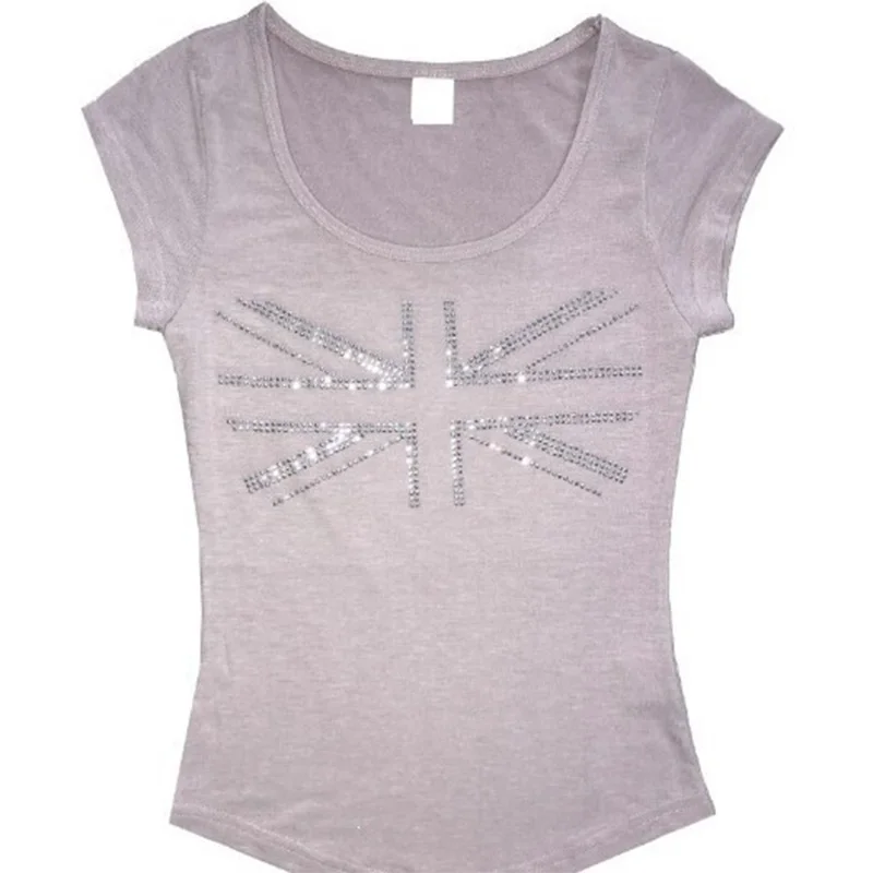 2026 Sommer Damen Y2K Strass Union Jack Print Rundhals T-Shirt Slim Fit Kurzarm Abgerundeter Saum Streetwear Crop Top – Detail 5