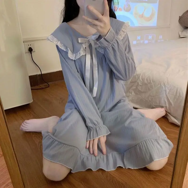 

Female Women's Sleeping Skirt Cuteore Young Girl Spring Autumn Long Sleeves Nightgowns Pajamas Princess Style Home Clothes New