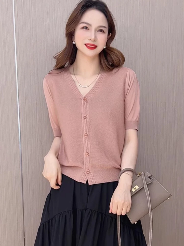 

Модный омолаживающий кардиган с одной пуговицей, коротким рукавом, V-образным вырезом, из вязаного ледяного шелка, однотонный, для летних поездок на работу