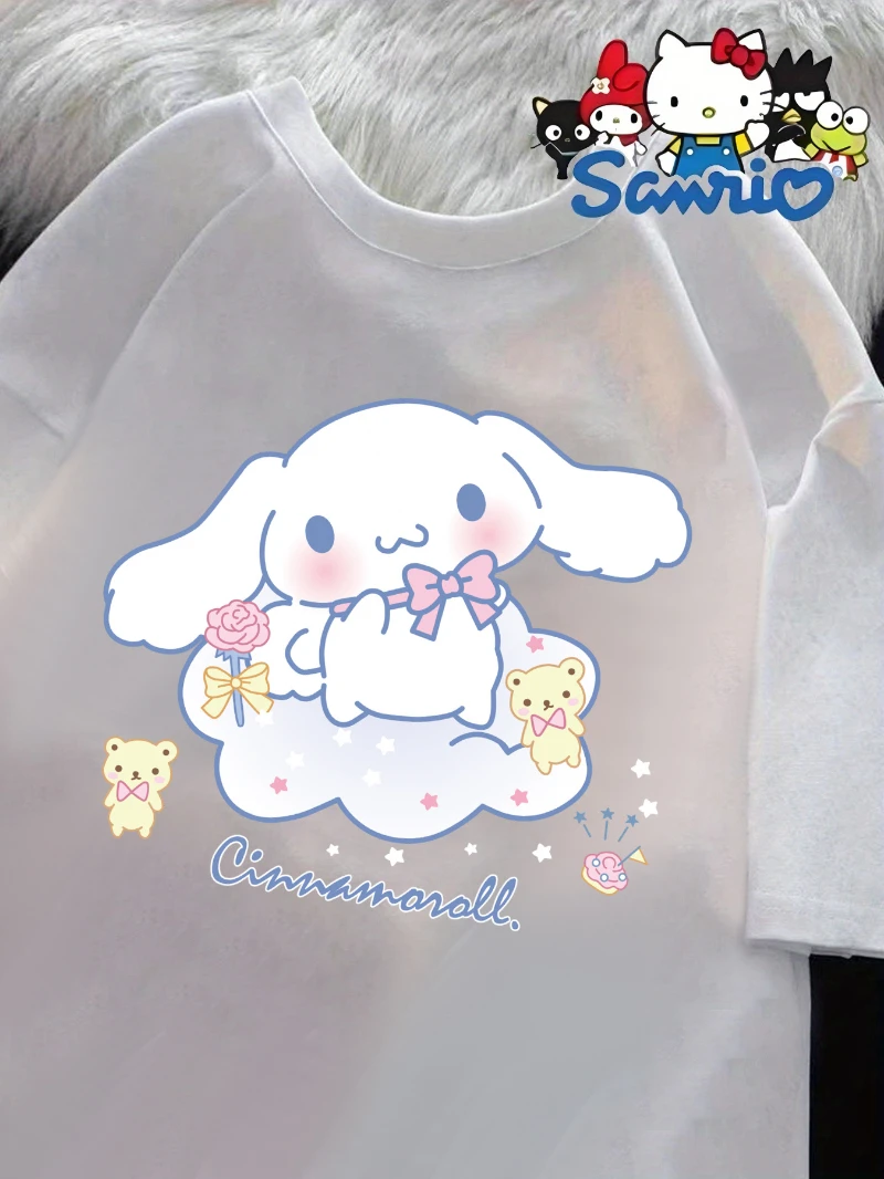 السيدات لطيف الكرتون كبير الأذن الكلب طباعة القطن الخالص مريحة تي شيرت بأكمام قصيرة جولة الرقبة عارضة أعلى سحابة ونجمة تصميم #1