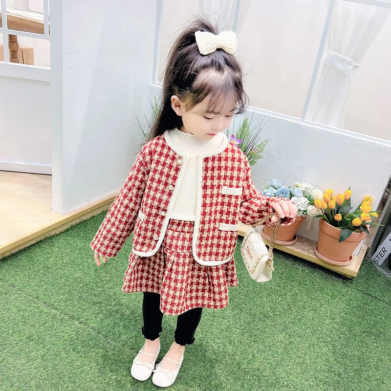 Spring Autumn Girls Fashion Plaid Four Piece Set  Suit Baby Kids Children Clothing Set Including Coat Skirt T Shirt Pants