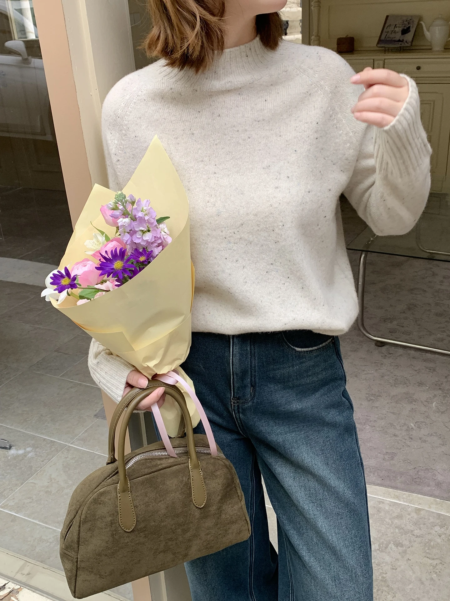 

ELINSU 00% Wool Loose Fit Knitted Base irt Sl One-Piece Dot Sweater f High Collar Warm Thermal Women's F...