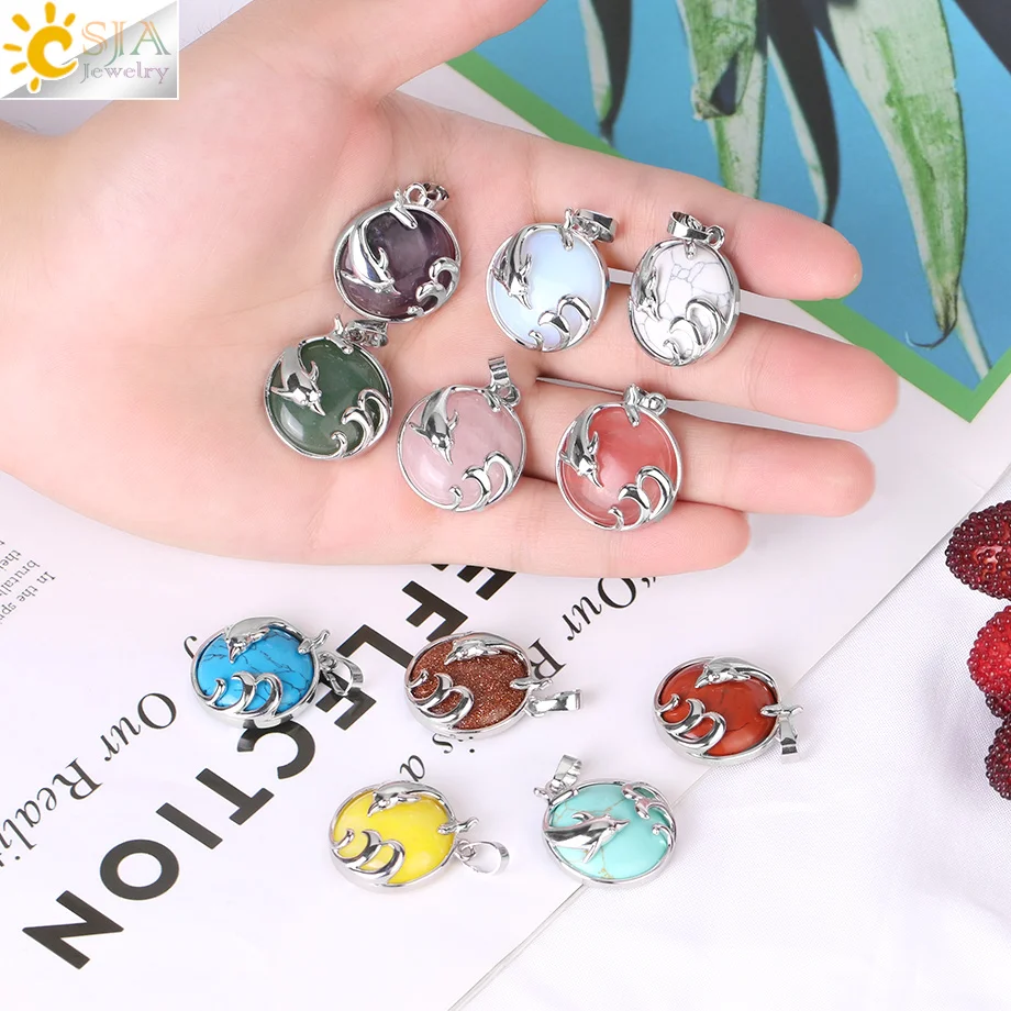 CSJA Healing Dolphin Charm Pendant Natural Stone Cabochon Crystal Ocean Animal Pendants Making DIY Jewelry Accessories H030