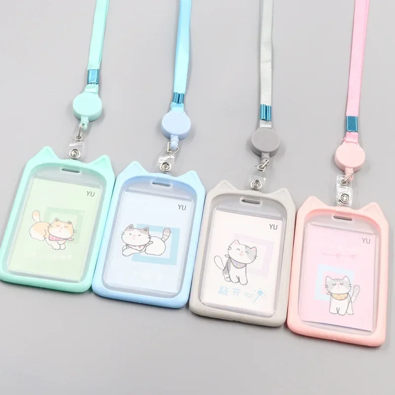 1PC Nette Cartoon Katze Karte Halter Bank Identität Bus ID Karte Halter Fall mit Versenkbare Reel Lanyard Kredit Abdeckung fall Kinder Geschenk