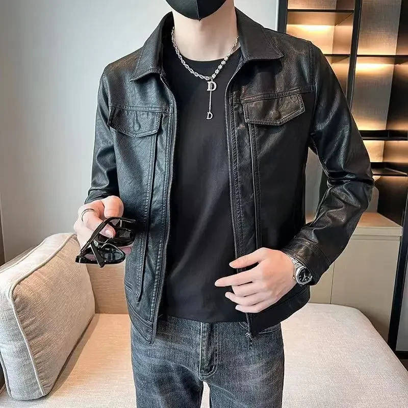 Short Spring Autumn Man Suits and Blazers Cropped Leather Jacket for Men Simple Breasted Gentleman Trendy 2024 Original Coats