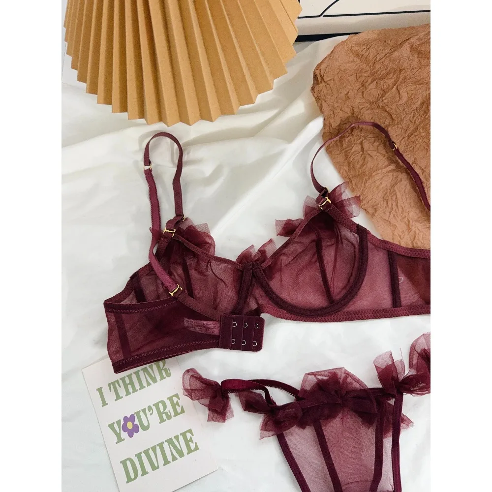 YUQI'S Red Year Lingerie Set Women Thin Mesh Lace Bra Soft Underwire Small Bust Push Up Pure Desire Sexy Underwear Sizes 32-38
