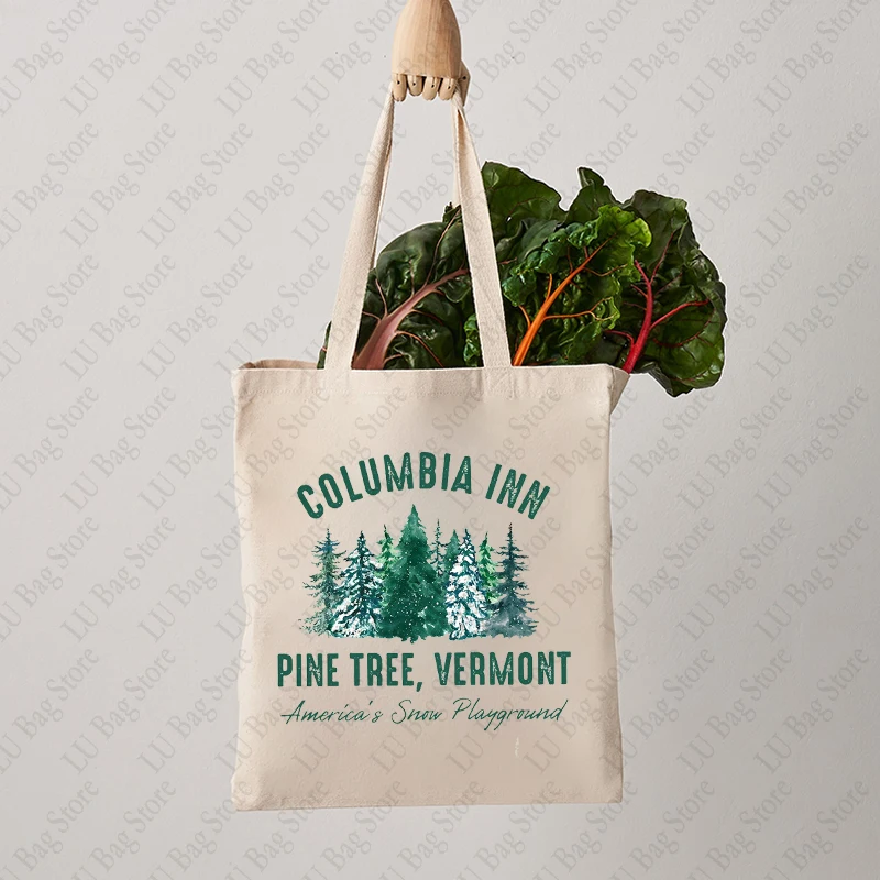 Columbia Inn Pine Tree Vermont Christmas Pattern Tote Bag Canvas Shoulder Bags Women's Reusable Shopping Bag Best Gift for Xmas