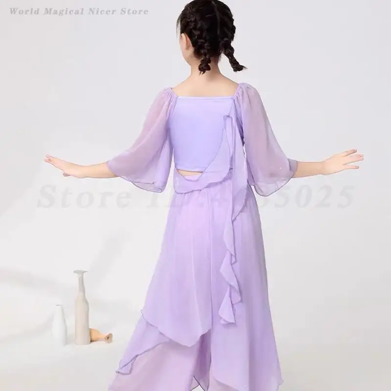 Kids Girls Classical Dance Costumes Chiffon Dancewear Fairy Daily Practice Dance Dress Chinese Style Hanfu Folk Yangko Clothes