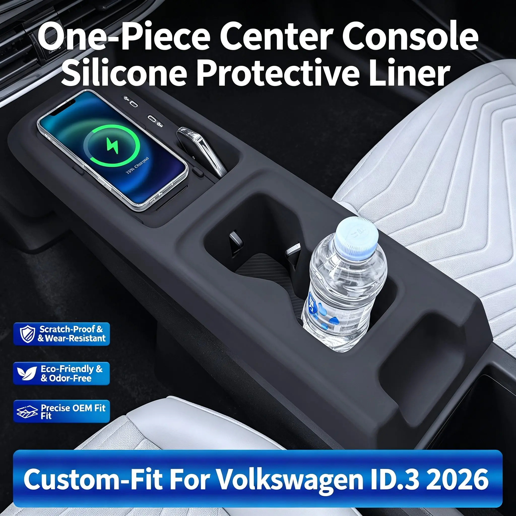 Center Console Cup Holder Silicone Pad For Volkswagen ID3 2025-2026 Waterproof Drink Cup Mat Interior Trim Cover