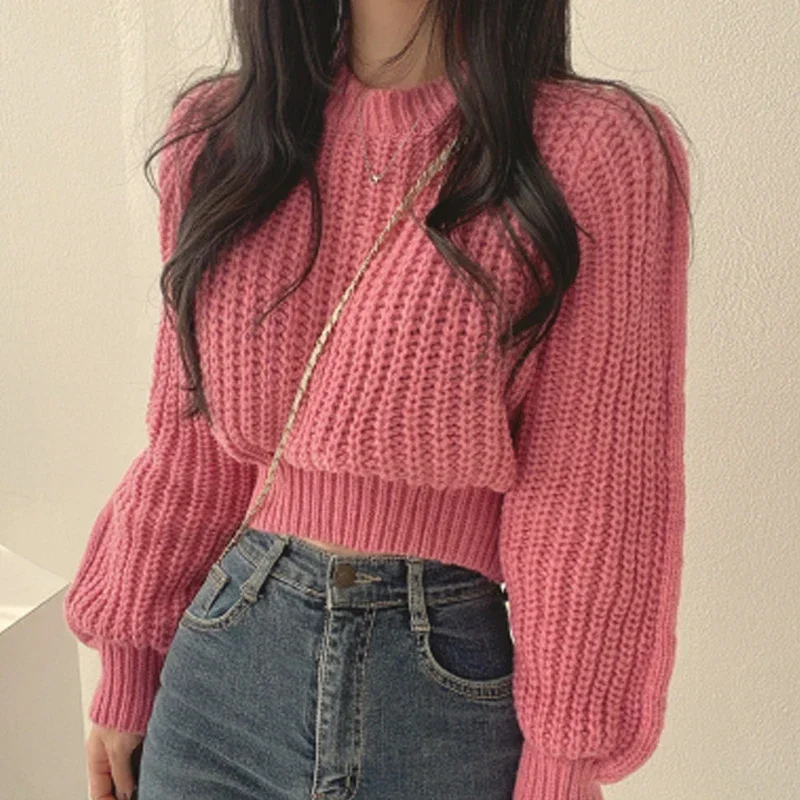 

2023 O Neck Knitted Sweater for Women Korean Fashion Pullover Autumn Winter Sweaters Casual Jumper Loose Knit Short Tops 29665