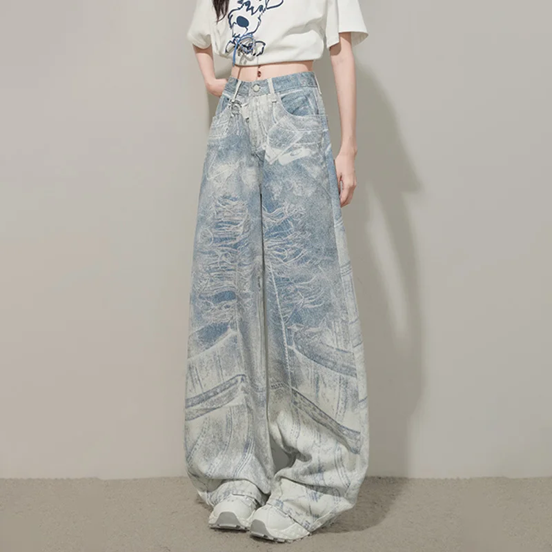 WTHTแฟชั่นผู้หญิงใหม่Tie Dye Washตรงกางเกงยีนส์ 2025 ฤดูร้อนอินเทรนด์สูงเอวกว้างขากว้างกางเกงหญิง 1LS2187