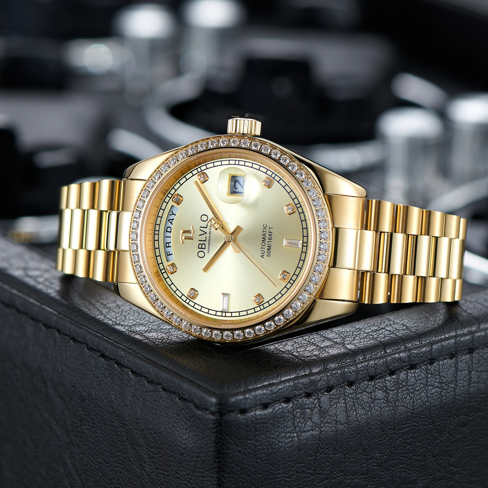 OBLVLO Herren-Luxusuhr, Gelbgold, weißes Zifferblatt, automatisches Datum, Diamant-Lünette, mechanische Armbanduhren mit Tag RX-DD