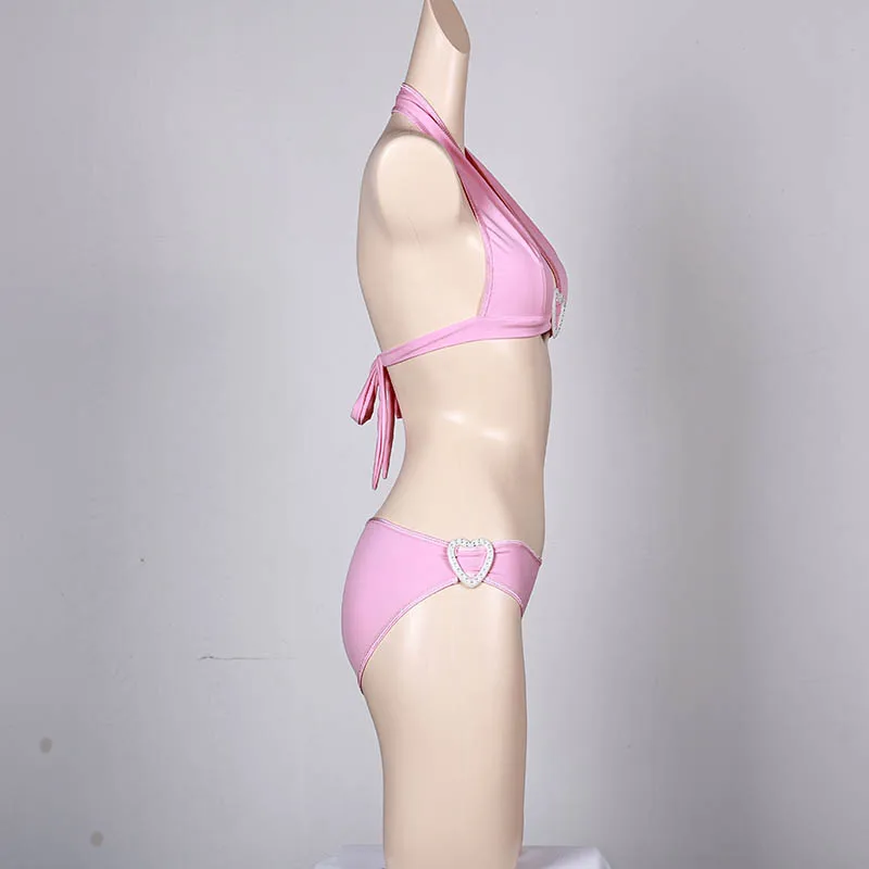 Maillot de bain deux pièces rose Y2K pour femmes, jolies filles, ensemble bikini sexy avec cœur en biscuits, baigneur, bain trempé