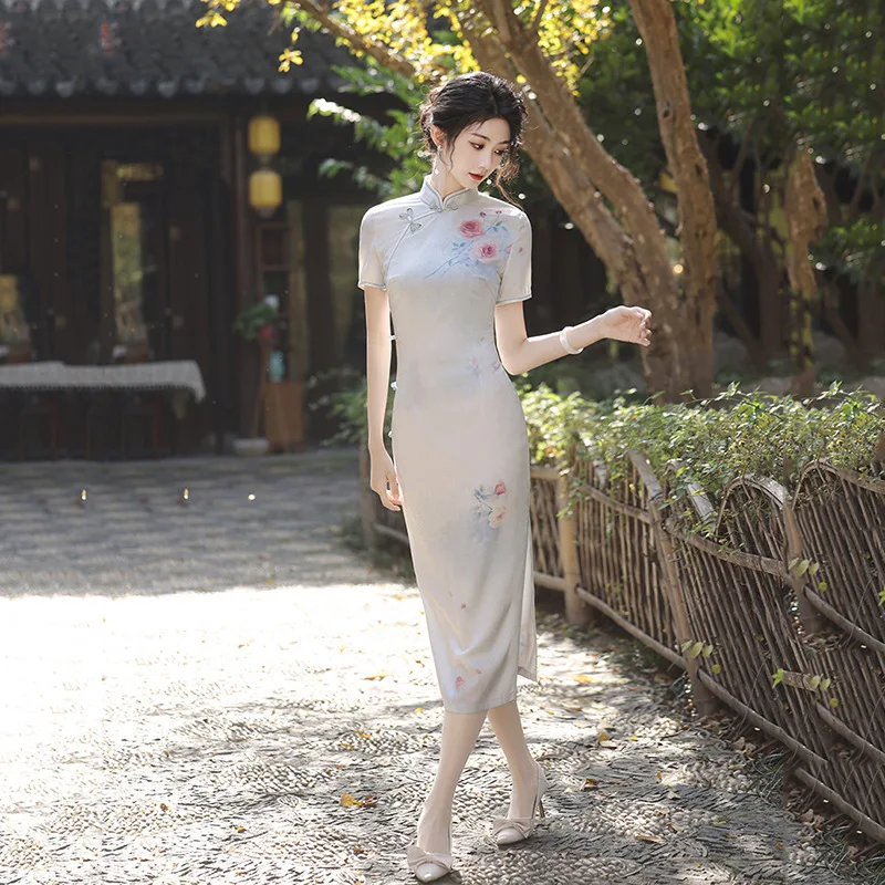 

Chinese Mandarin Collar Cheongsams Women Long Qipao Jacquard Flower Satin Eveving Party Dress