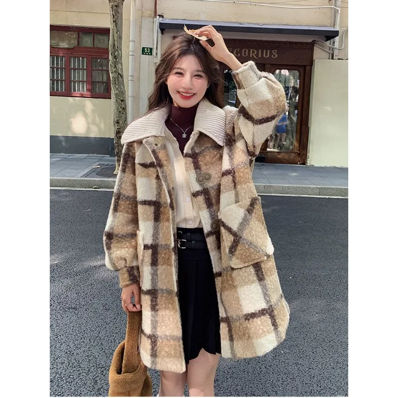 

Women Plaid Woolen Coat Winter New Female Preppy Style Retro Mid-Length Thickened Outwear Casual Loose Fashionable Outcoat