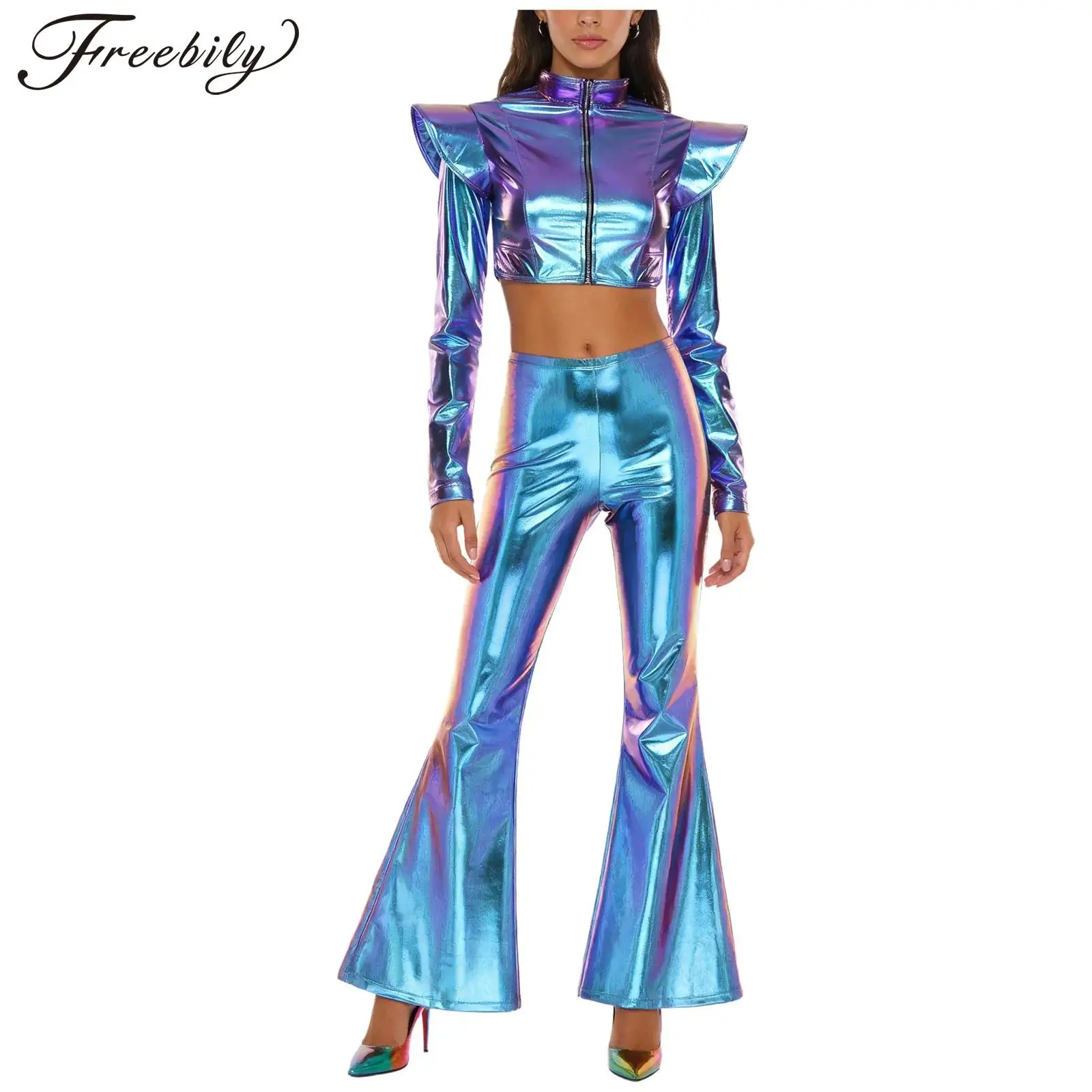 

Women Halloween Carnival Disco Jazz Dance Party Costume Metallic Shiny Long Sleeve Zipper Crop Top with Flared Pants Clubwear