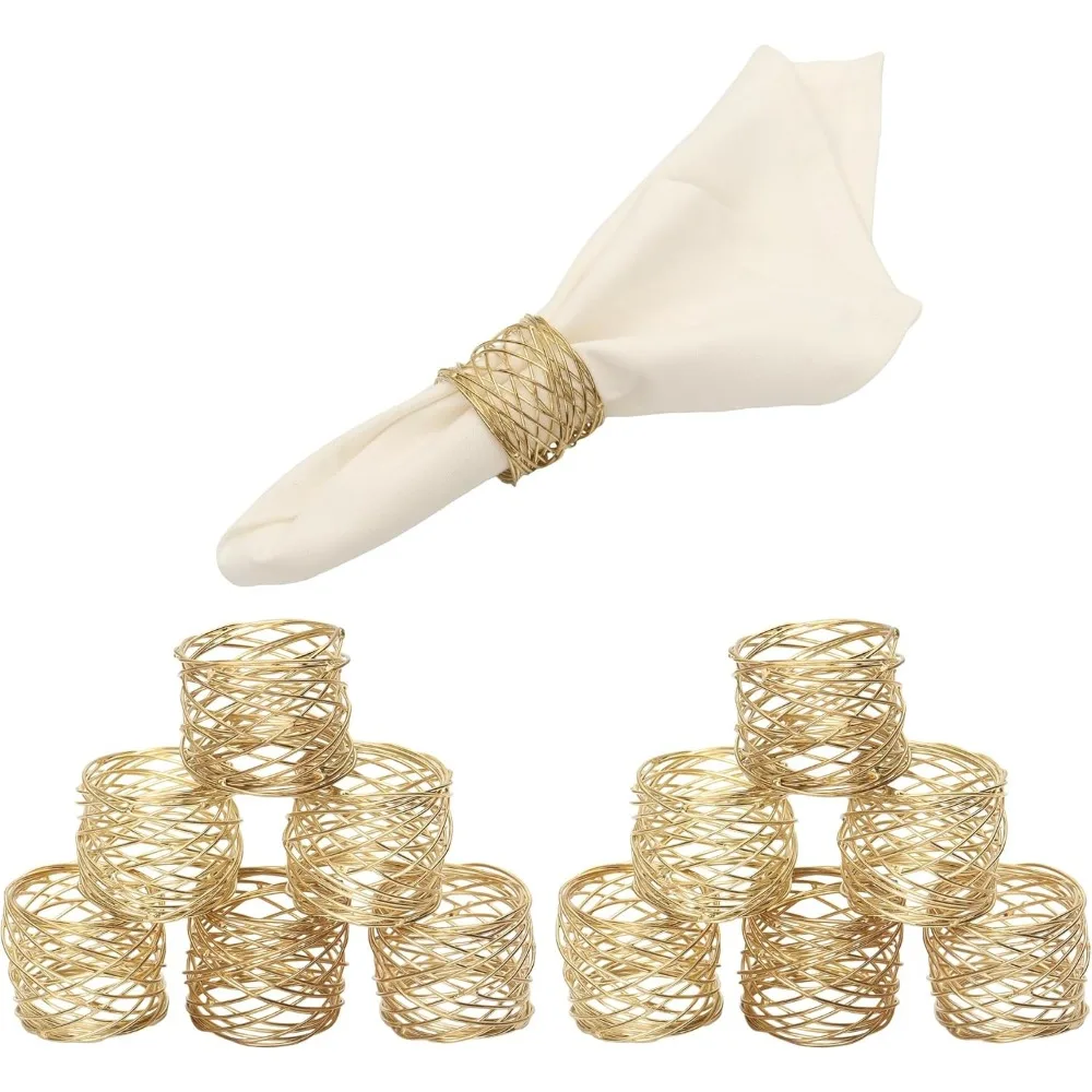 Golden Round Mesh Napkin Rings - Set of 12 for Weddings Dinner Parties or Every Day Use