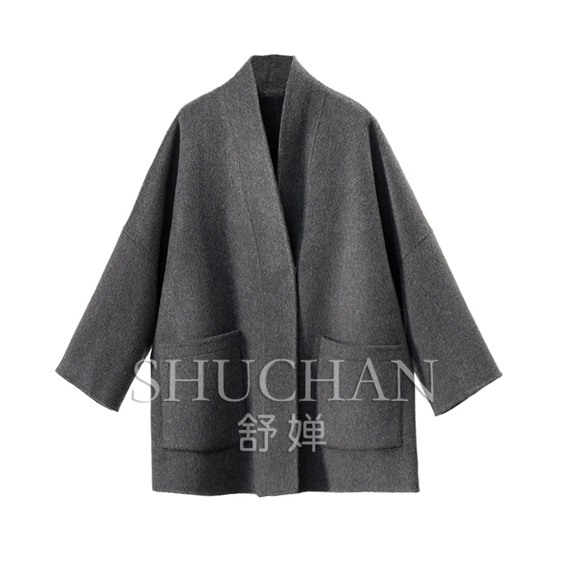 

Тихая роскошь и элегантность, двустороннее шерстяное пальто из шерсти альпаки, шелковое двустороннее шерстяное пальто с v-образным вырезом, женское 48E2