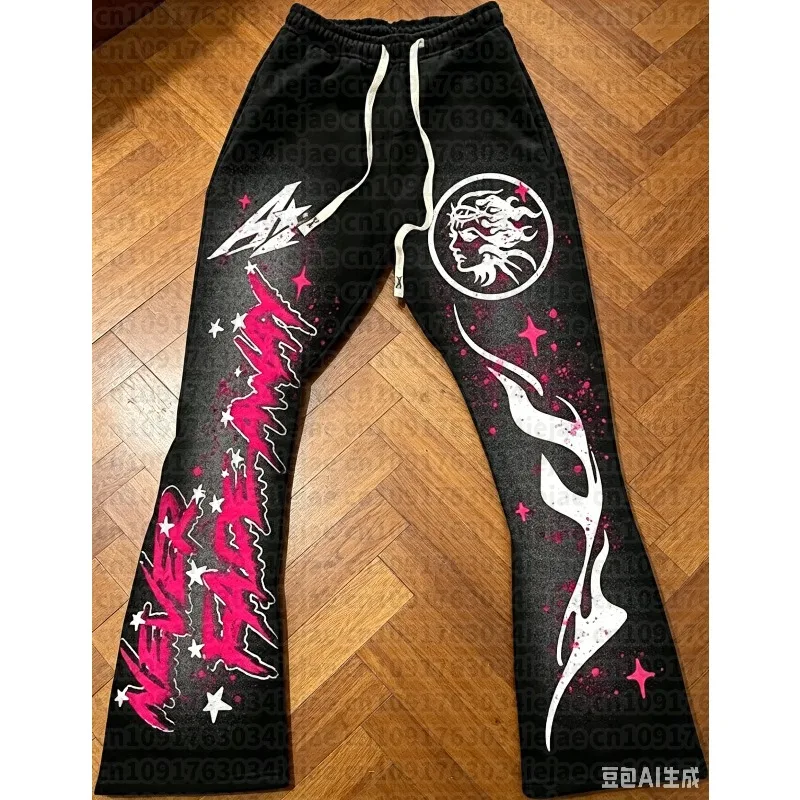 2026 Summer Men's Casual Street Style Trendy Cross Print Fashionable Slightly Flared Color-Block Design Sweatpants Pants