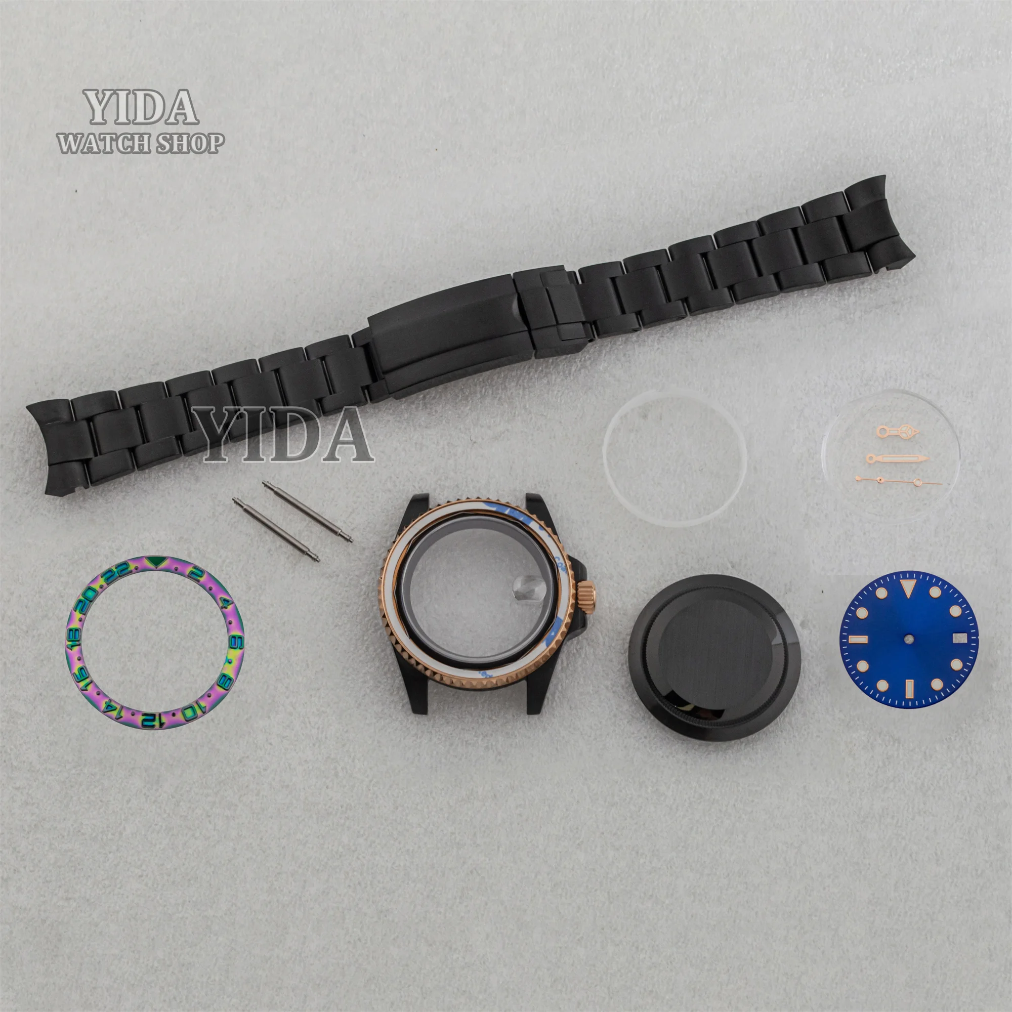40MM Black Gold Mod Watch Case Oyster Strap Luminous Pointers 28.5MM Dial Watch Parts for SUB GMT Yacht NH35 NH34 NH36 Movement