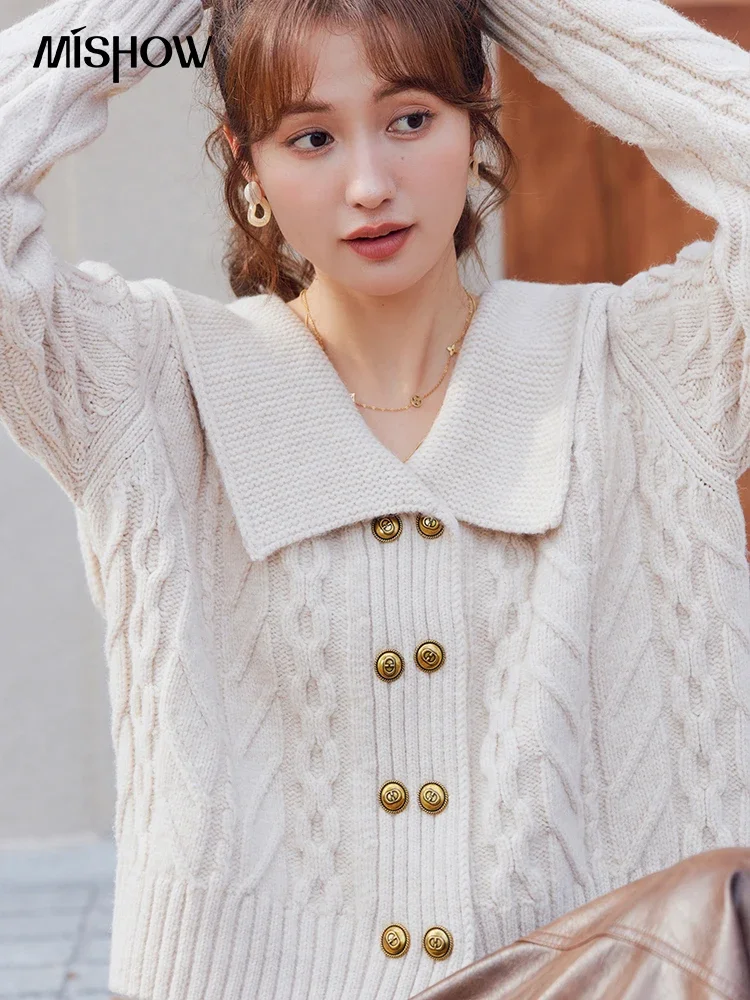 MISHOW Knitted Cardigan Women Autumn Winter Vintage Loose Double Breasted Sweater Jacket Woman Peter Pan Collar Tops MXC48Z0265