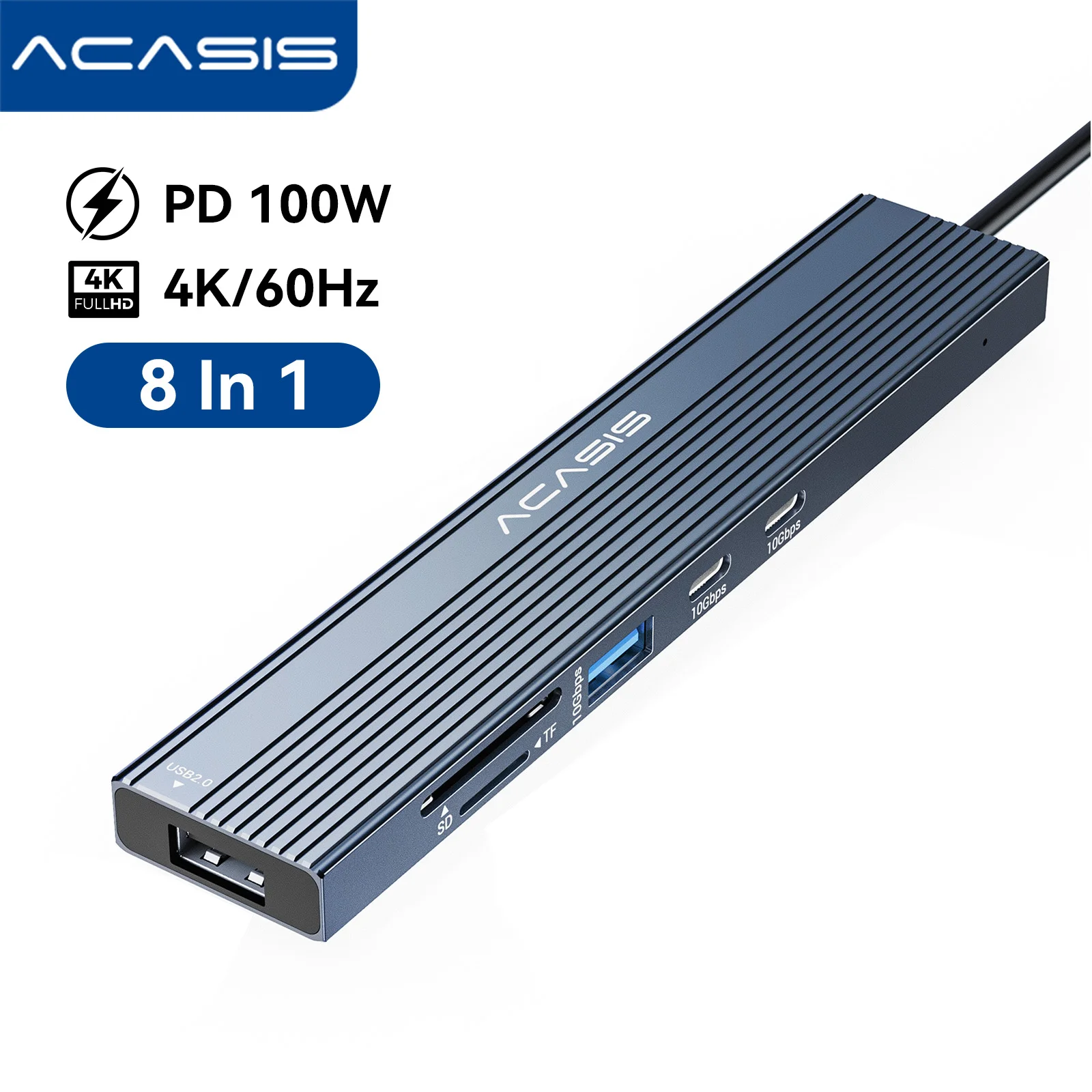 

Acasis 8 в 1 USB-C Hub 10 Гбит/с Док-станция 4K 60 Гц DP Выход TF/SD 3.0 PD 100 Вт для клавиатуры, мыши, принтера «все в одном»
