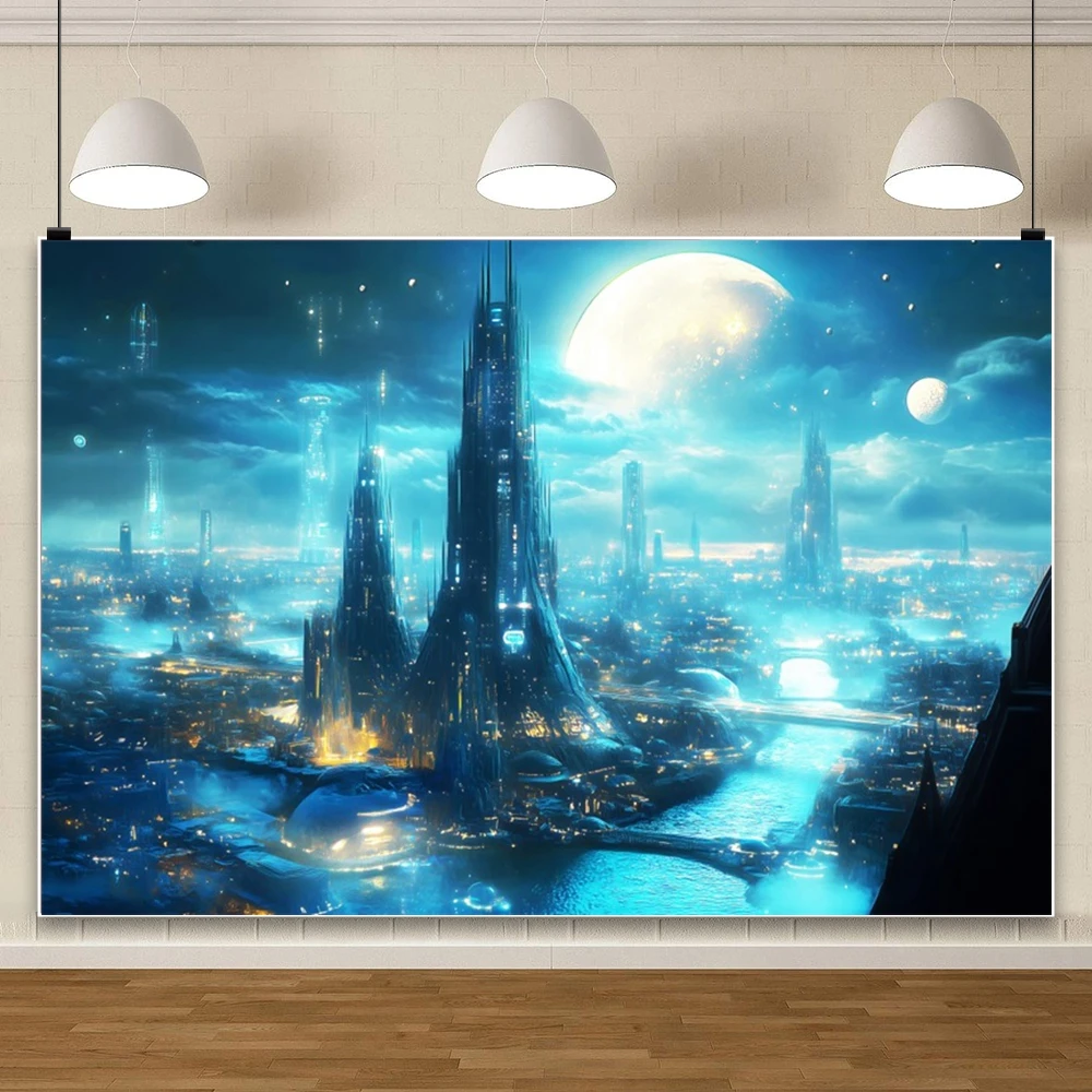 الخيال القمر المشهد خلفية بحيرة الغابات الخيال العلمي مدينة ديكور المراهقين الكبار التصوير استوديو الخيال موضوع الحدث الديكور