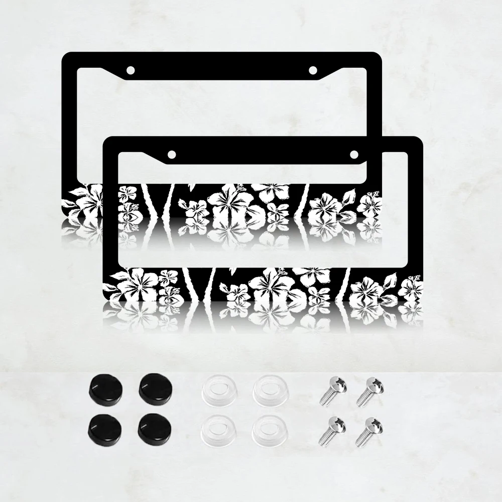 

2PC 2-Hole License Plate Frame Black with White Floral Design, Aluminum, 6x12 Inches, with Screws, USA Canada Standard Size