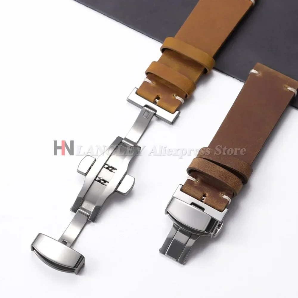 Vintage Cowhide Watch Strap 18mm 20mm 21mm 22mm 24mm for Samsung Watch 7/6/5 Butterfly Buckle Brown Bracelet for Omega for Seiko image 3