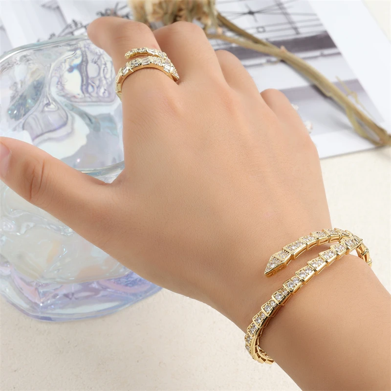 UILZ Women sparkling single row baby\'s breath crystal bracelet luxury snake bone chain ring Christmas gift fashion jewelry set