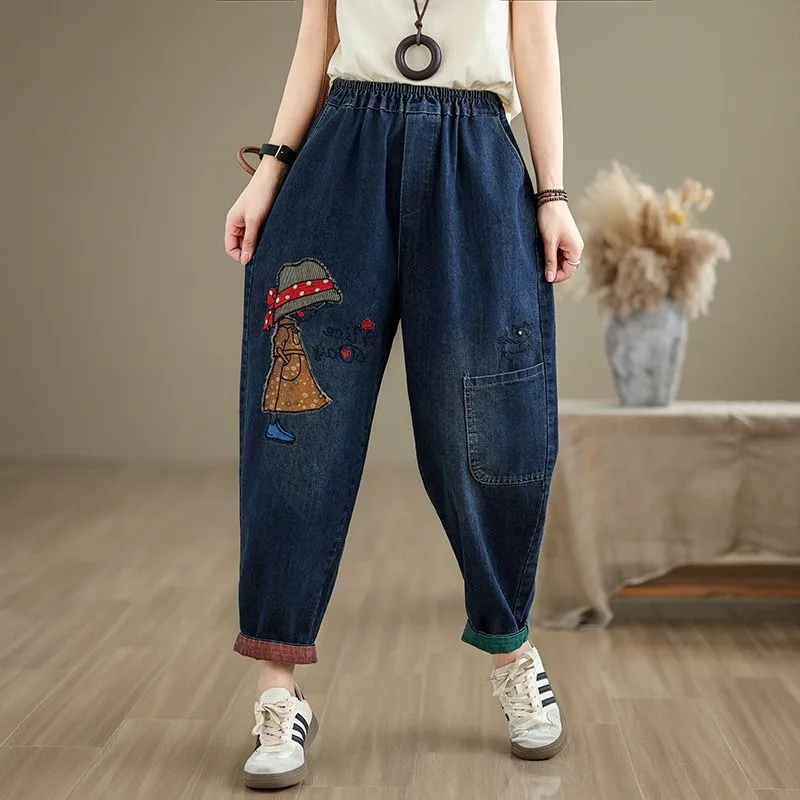 

Women's Thin Jeans Spring Summer New Elastic Waist Vintage Patch Embroidery Washed Loose Harem Pants Plus Size Casual Trousers
