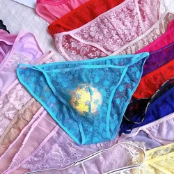 Men's Lace Sheer Briefs Sexy Sissy Pouch G-Strings Bikini Thongs See Through Underwear Perspective Intimates Gay Underpants