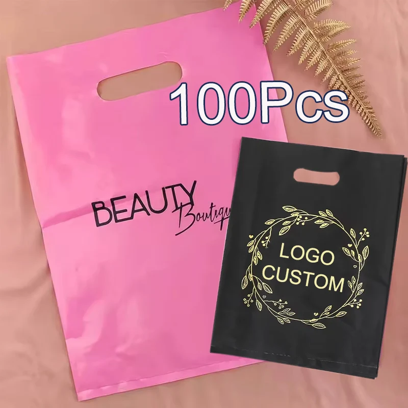 Plastic Tote Shopping Bag Reusable Flat Gift Bag Custom Logo Print Packaging Bags With Handle Big 55x45cm 100Pcs