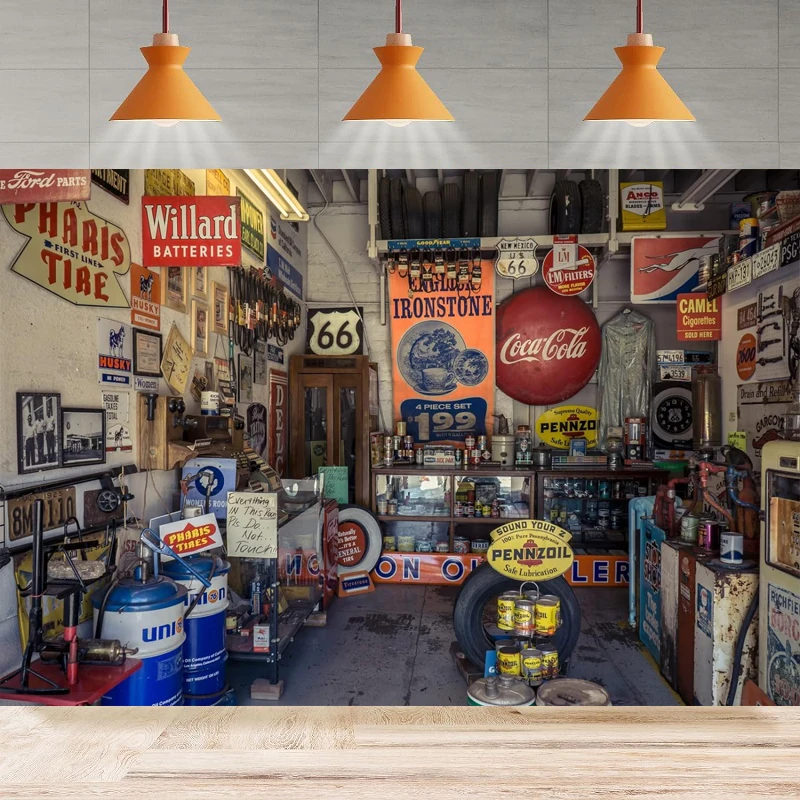 

Route 66 Gas Station Museum Garage Photography Backdrop Party Historic Route 66 Arizona Background Wall Home Party Decor Banner