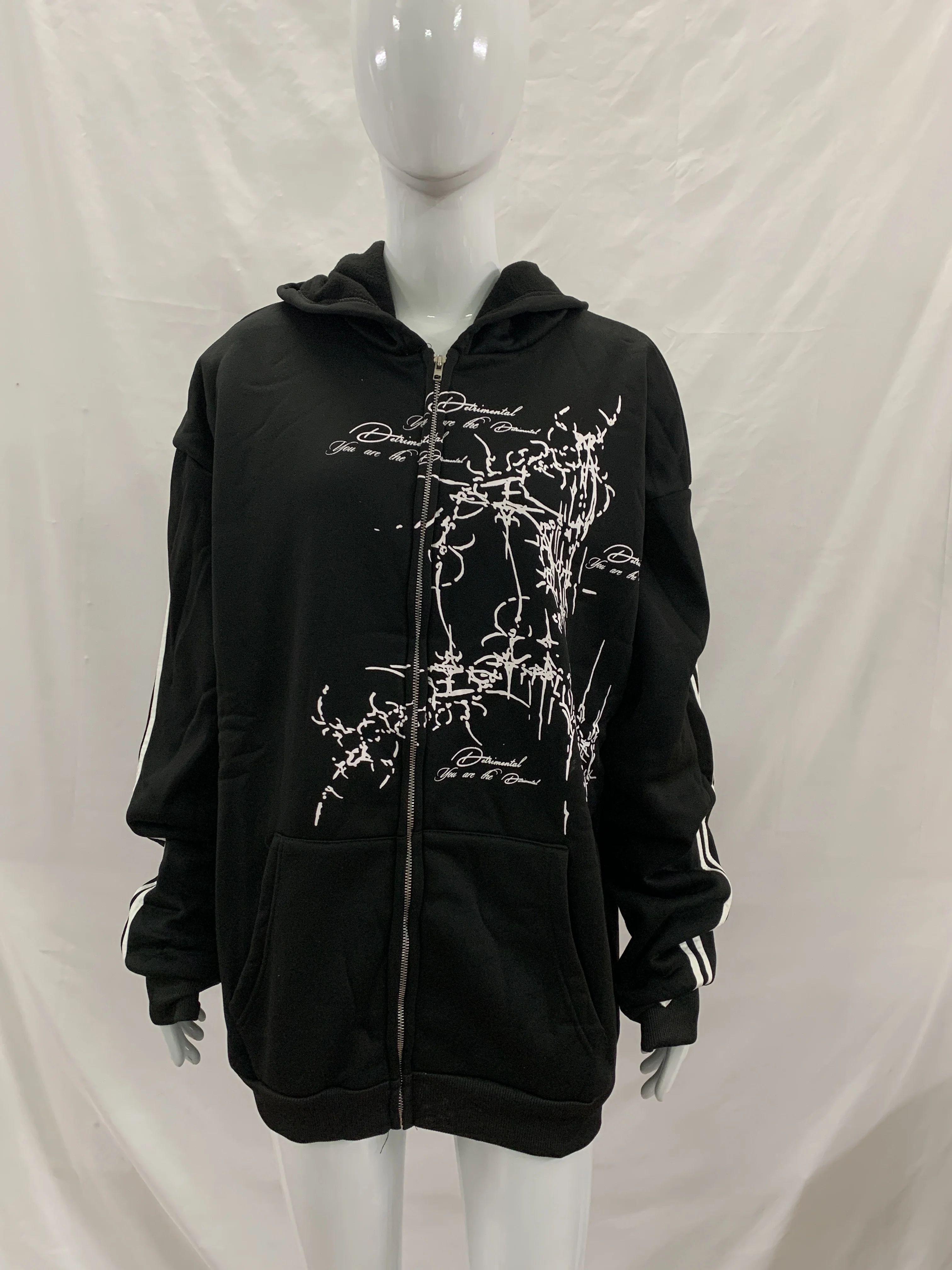 Gothic-Hoodie mit Dornen-Print und seitlichen Streifen, locker geschnitten, Y2K High Street, durchgehender Reißverschluss, Freizeitjacke für Damen und Herren – Detail 8