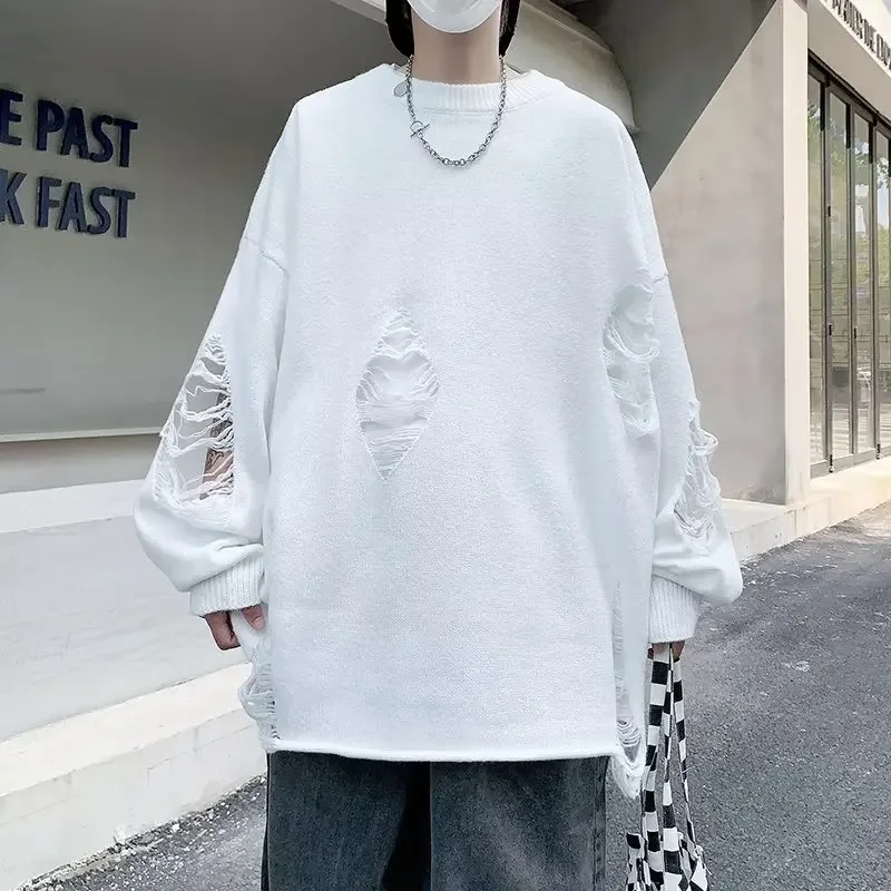 Neutral Minimalist Ripped Sweater Fashion Streetwear Loose O-neck Long Sleeve Knitted Pullovers Tops Hip Hop