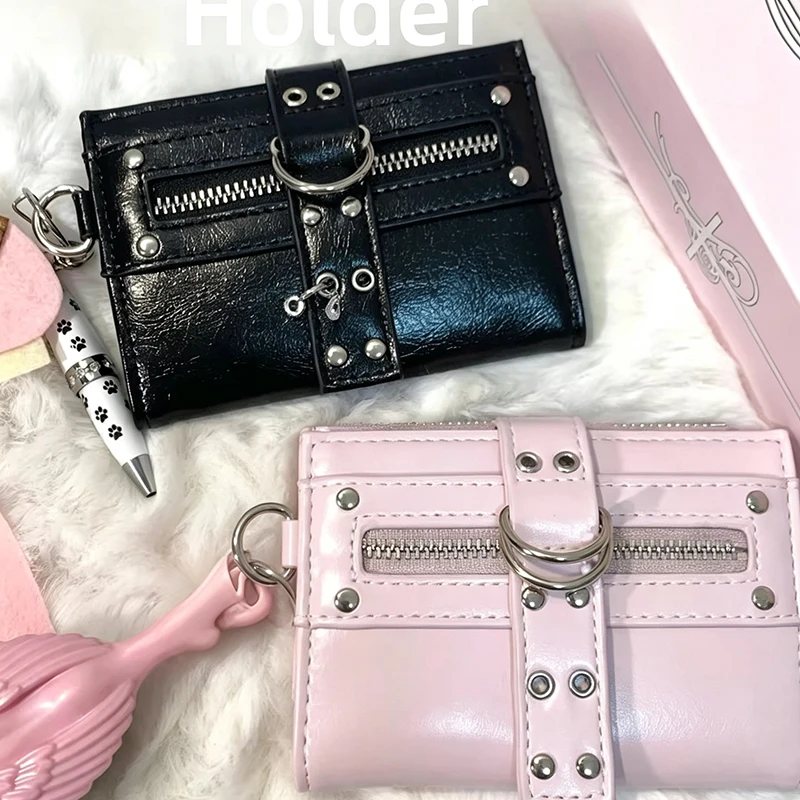 Modische koreanische Y2k-Leder-Geldbörse mit Nietenverzierung, Kartenhalter, einfache einfarbige Geldbörse mit Reißverschluss, multifunktionale Aufbewahrungstasche für Damen. – Detail 1