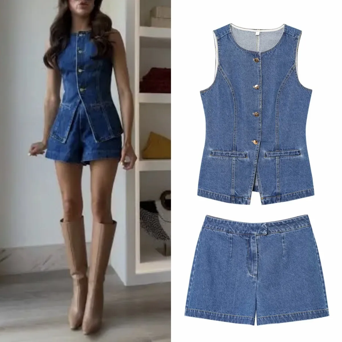 ETJ 2025 nueva moda de Europa y Estados Unidos para mujer, chaleco vaquero sin mangas con cuello redondo y pantalones cortos vaqueros de cintura media