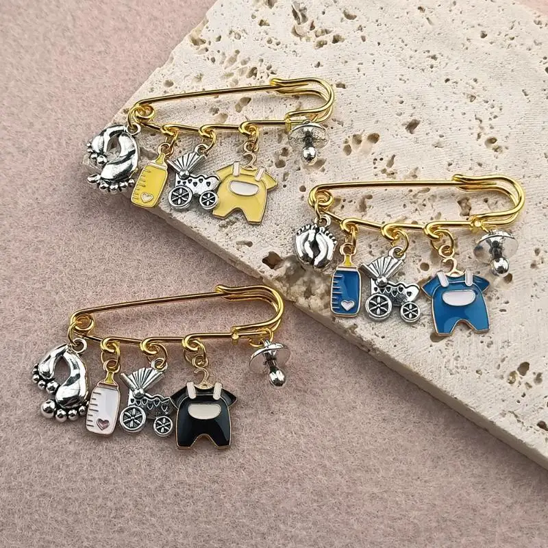 Newborn Welcome Safety Pin Brooch Creative Enamel Foot Dummy Stroller Design Baby Shower Souvenir