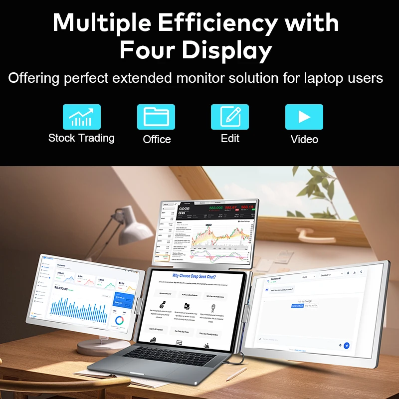 2025 Novo monitor quádruplo com 3 telas, monitor portátil para laptop de 15,6 polegadas compatível com 12-18,5 polegadas Wins/Mac (M1 M2 M3 M4)