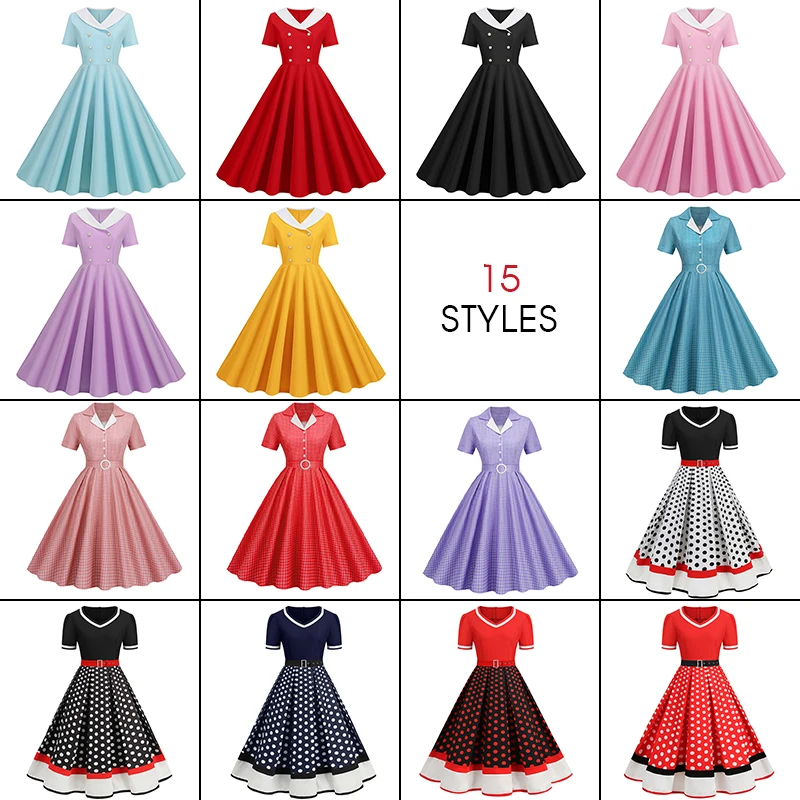 Womens Retro 50s 60s Rockabilly Party Dress Vintage Button Swing Dress Casual Office Lady Cocktail Evening Party Dress